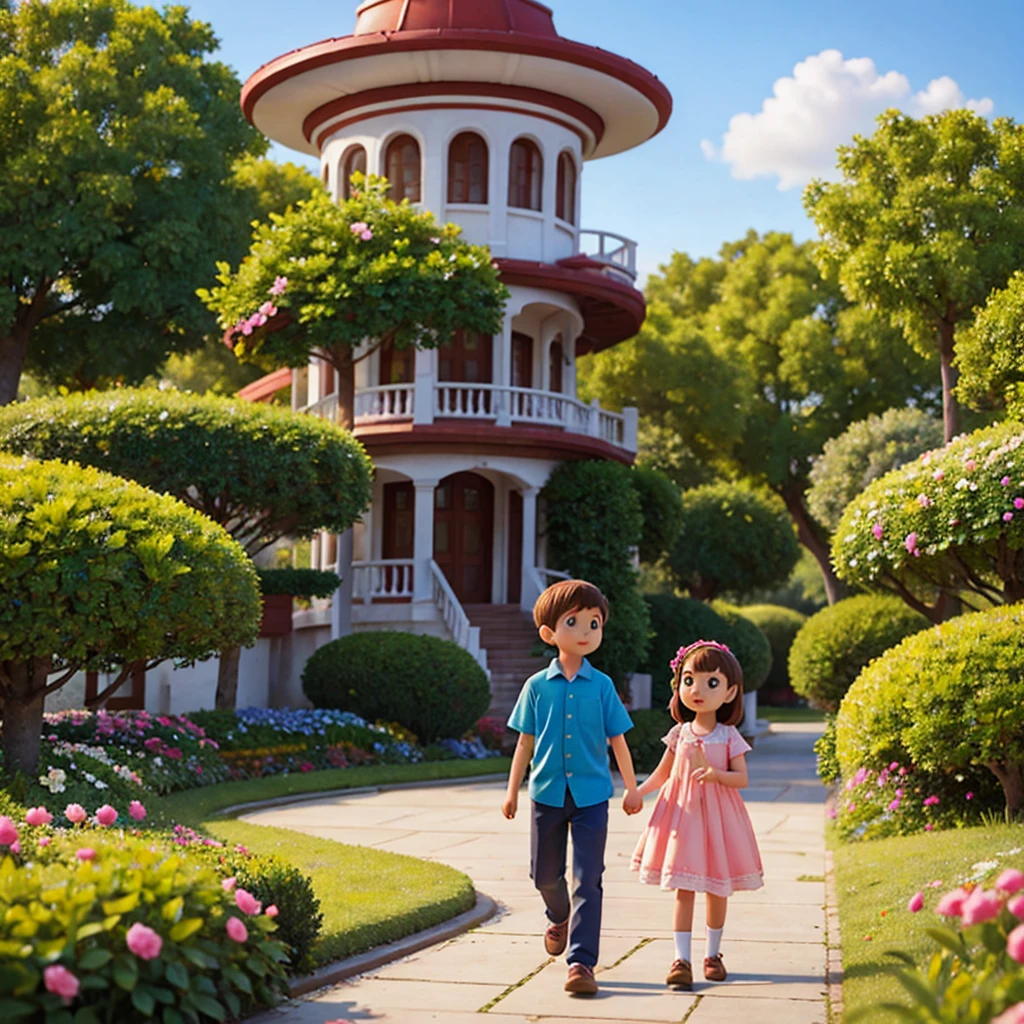 Girl and boy in the flower park