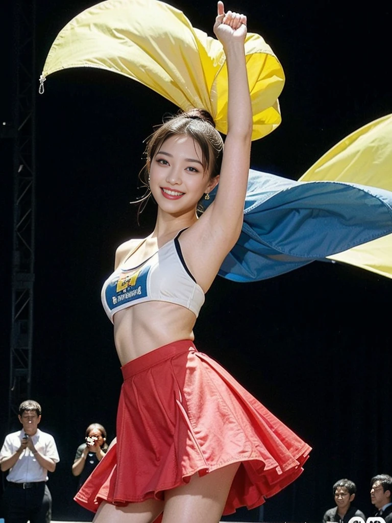 Colorful photograph, Uplifting, ((masterpiece, best quality, absurdres, 8K, super fine illustration, detailed eyes, beautiful face, light smile, shiny skin)), ung girl, Colorful top Idol, Smile full of happiness, whole body, good style, ((Idol costumes with 5 or more colors;1.5)), ((Idol costumes with lots of frills)), very cute idol costumes, colorful balloons, Many large and small soap bubbles, (Dancing dynamically;1.2), (kicking one leg high;1.2), ((Dancing on a gorgeous outdoor stage;1.4)), very luxurious stage, amazing gorgeous stage, ((extremely detailed Fluttery micro mini skirt, extremely detailed colorful skirt. micro mini Skirt very fluttering in the wind;1.4)), (((skirt is flipped up by the wind;1.5)))