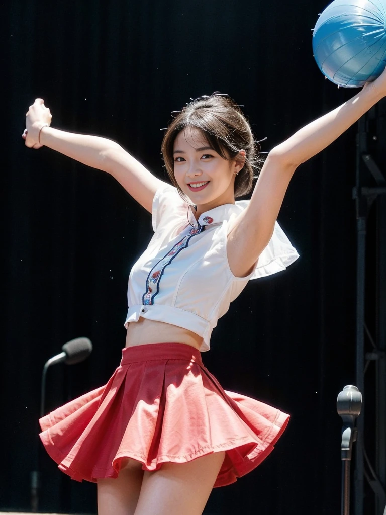 Colorful photograph, Uplifting, ((masterpiece, best quality, absurdres, 8K, super fine illustration, detailed eyes, beautiful face, light smile, shiny skin)), ung girl, Colorful top Idol, Smile full of happiness, whole body, good style, ((Idol costumes with 5 or more colors;1.5)), ((Idol costumes with lots of frills)), very cute idol costumes, colorful balloons, Many large and small soap bubbles, (Dancing dynamically;1.2), (kicking one leg high;1.2), ((Dancing on a gorgeous outdoor stage;1.4)), very luxurious stage, amazing gorgeous stage, ((extremely detailed Fluttery micro mini skirt, extremely detailed colorful skirt. micro mini Skirt very fluttering in the wind;1.4)), (((skirt is flipped up by the wind;1.5)))
