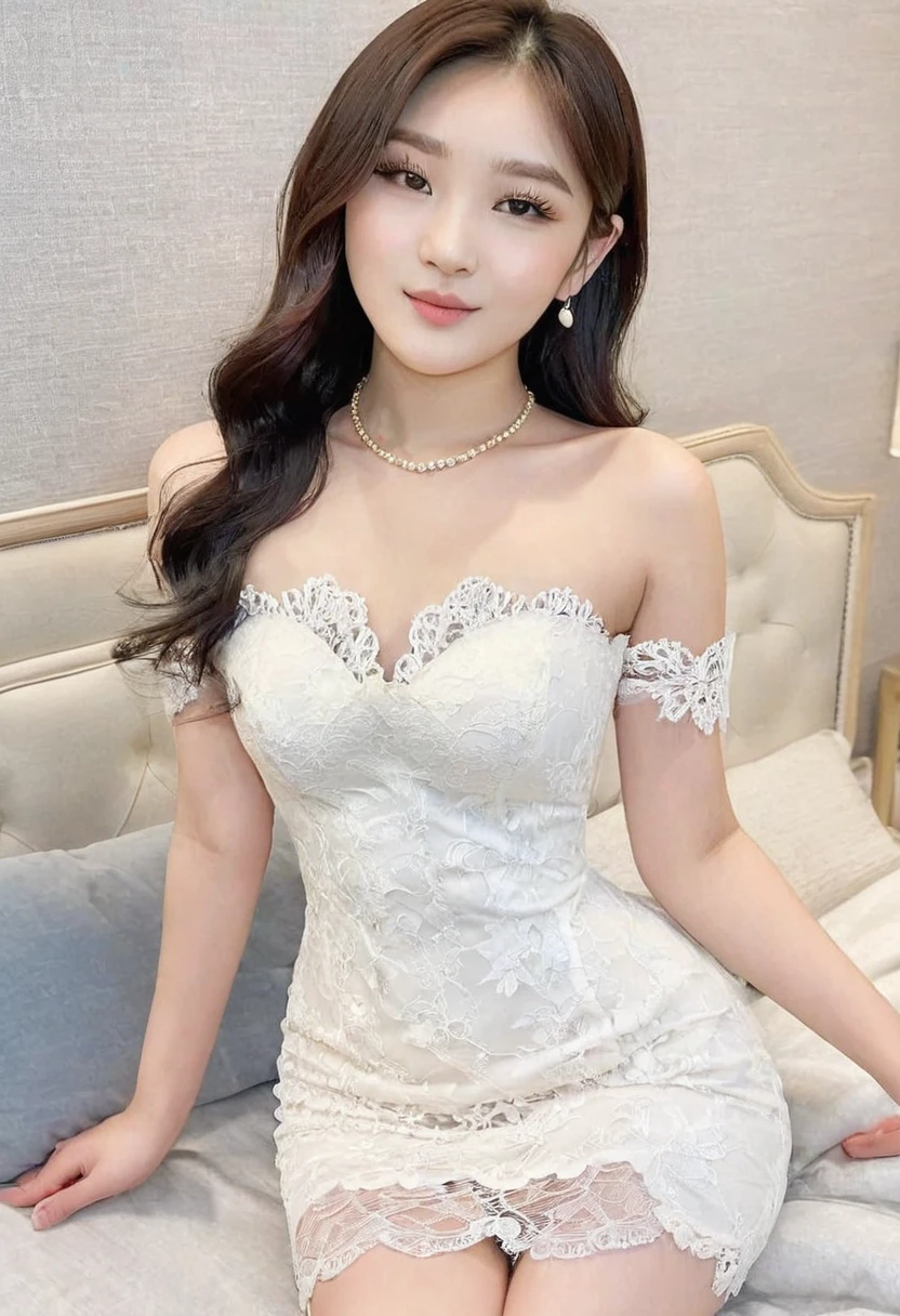 ((high quality:1.2)), work of art, (8k), extremely detailed, ((High detail:1.2)), ((best resolution:1.4)), Solo, 1girl, 24 years old Korean Ulzzang female, ((short, tight strapless lace dress)),