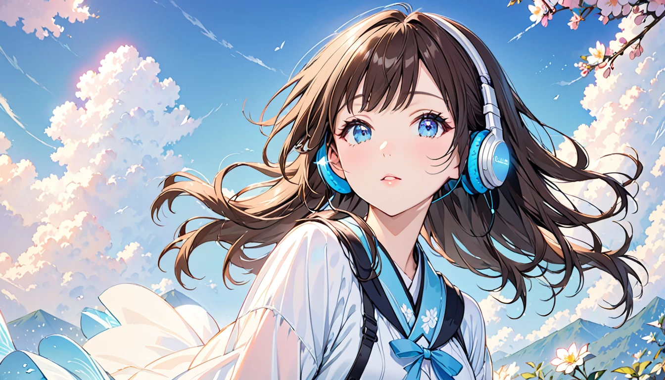 Beautiful and fair、Glowing Skin, wonderful,bright, Refreshing and gentle look, Perfect beautiful face,Beautiful shiny bangs, Very beautiful 17 year old girl, eyeliner, so perfect and beautiful、 Sky blue eyes,Small breasts,Girl wearing headphones,Brown Hair,1 person