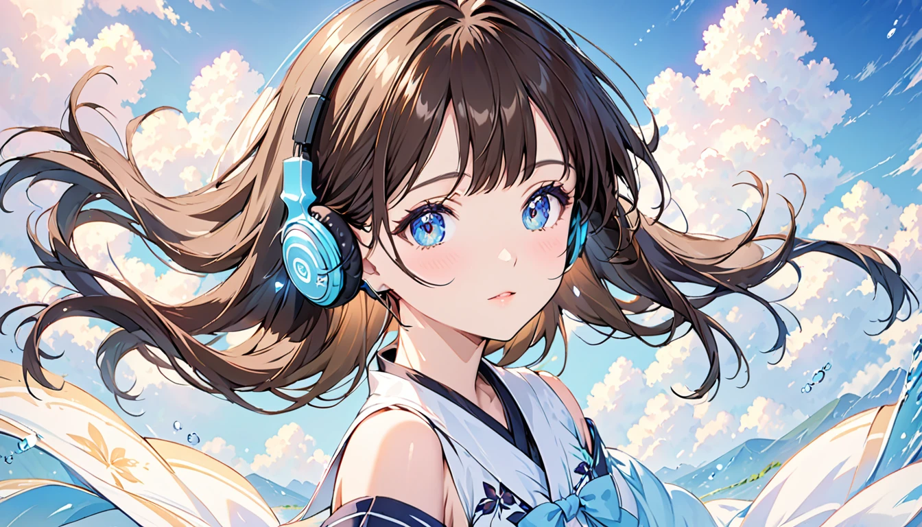 Beautiful and fair、Glowing Skin, wonderful,bright, Refreshing and gentle look, Perfect beautiful face,Beautiful shiny bangs, Very beautiful 17 year old girl, eyeliner, so perfect and beautiful、 Sky blue eyes,Small breasts,Girl wearing headphones,Brown Hair,1 person