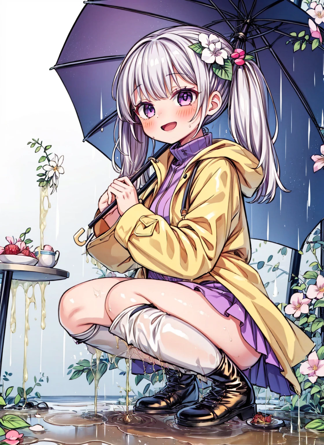One Girl,rainbow,raincoat,yellow raincoat,rubber Knee-high boots,Hydrangea,flower,Long Hair,Twin tails,Knee-high boots,blush,umbrella,Open your mouth,hair ornaments,Food,alone,Terboz,very Long Hair,Food up,Long sleeve,Low Ponytail,bow,bangs,smile,animal Food,closed umbrella,puddle,Cowboy Shot、squat,:d,Yellow footwear, background,pink flower,Are standing,leaf umbrella,Holding umbrella,food-themed hair ornaments,hair bow,animal ears,Holding,bionde,hair flower,rain,animal,Gray Hair、Light purple eyes、Bob Hair、Laughter、Purple Raincoat、(((((heavy,Girl who pees in front of her)))),((Girl peeing forward、A girl urinating vigorously in front of her、Girl urinating a lot in front)), NSFW,Golden liquid dripping from her ass)