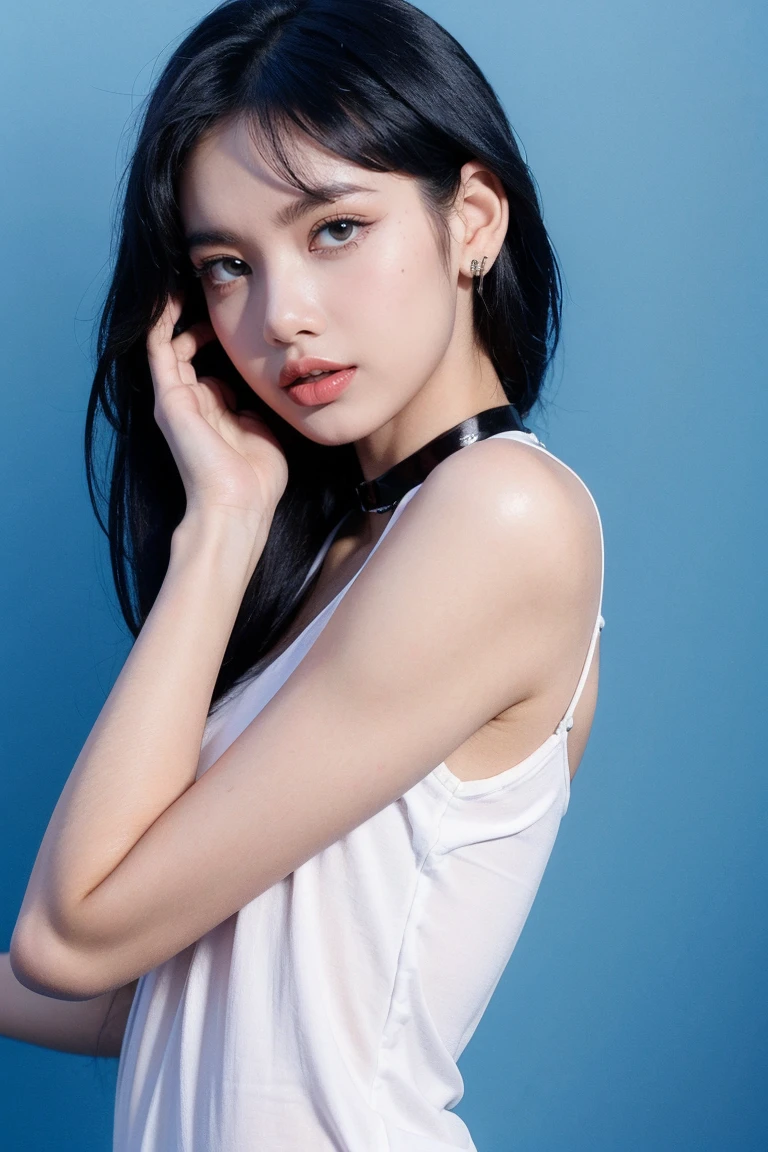 21yo girl, black hair, blue background,