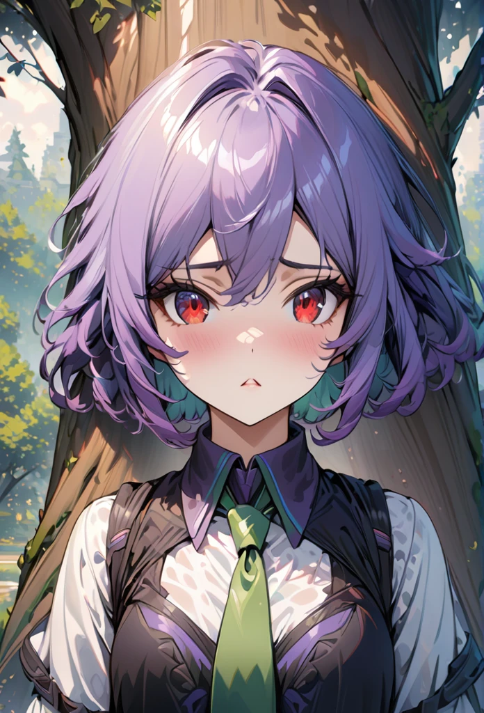 PurinR4, 1girl, black and purple hair, red eyes, short hair, , green necktie, shiny hair,in front of large tree, ashamed, :<, parted lips, looking at viewer, tsundere, upper body, (best quality:1.2), highly detailed, high resolution,  illustration, intricate details,
