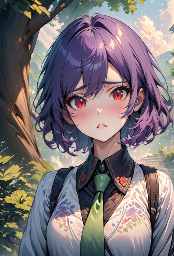 PurinR4, 1girl, black and purple hair, red eyes, short hair, , green necktie, shiny hair,in front of large tree, ashamed, :<, parted lips, looking at viewer, tsundere, upper body, (best quality:1.2), highly detailed, high resolution,  illustration, intricate details,