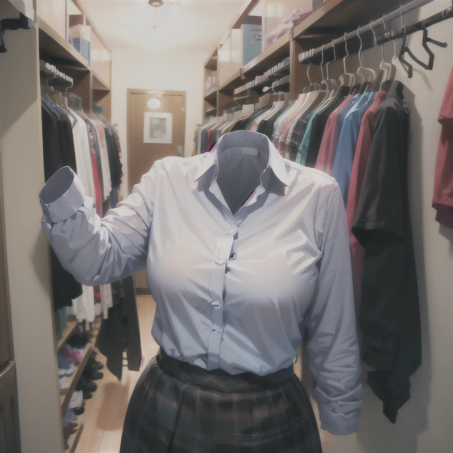 school blouse, plaid skirt, in closet, on hanger, (invisible, no humans, headless, faceless:1.5), cute big breast, absurdres, highres, ultra detail, Clothing Details, close view