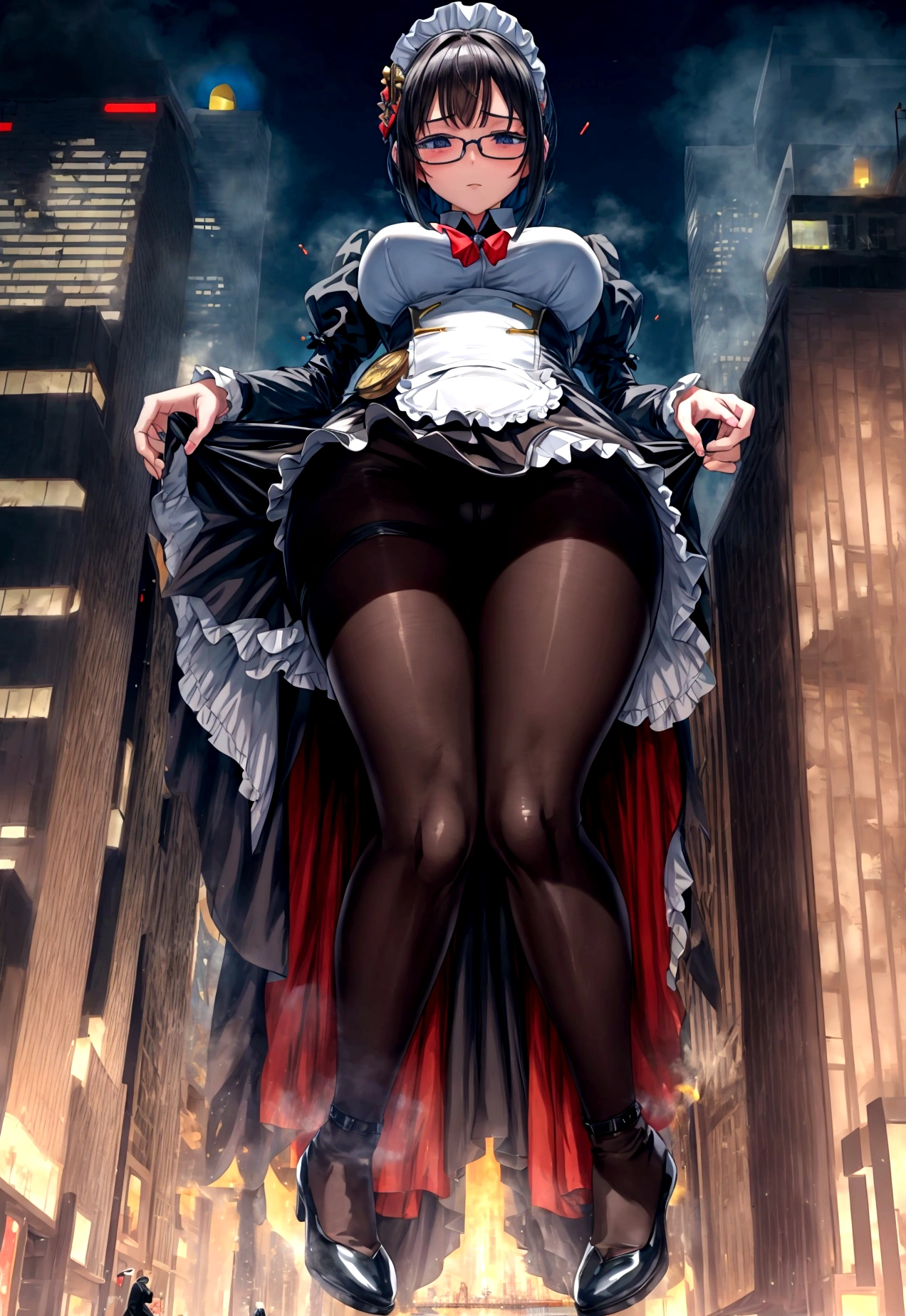artistically gigantic, 非常に詳細なgiantショット, giant, short hair, black pantyhose, A maid that is much bigger than a skyscraper, Wear rimless glasses, big breasts, big butt, navy maid uniform, black pantyhose, black shoes, very small metropolis, miniature metropolis, full body description, GTS, giga gigantes, city stomping, shock city, little city, microcity, maid, a map of a city,