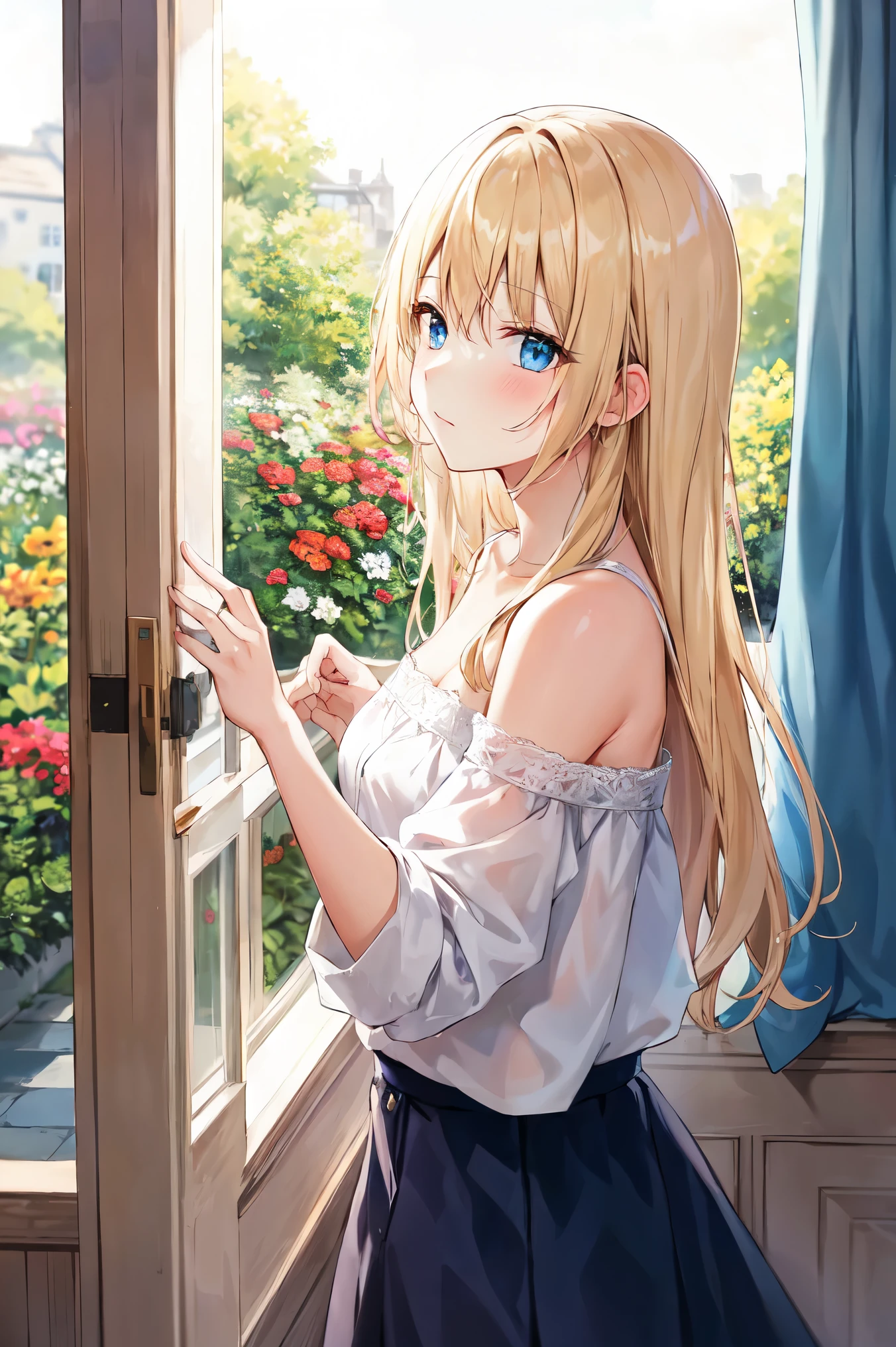 pretty girl, Open shoulder, Lace skirt, Blonde, From the side, Long Hair, look up, Disheveled Hair, window, curtain, sunlight, Shiny Hair, blue eyes, Curie, garden, Are standing