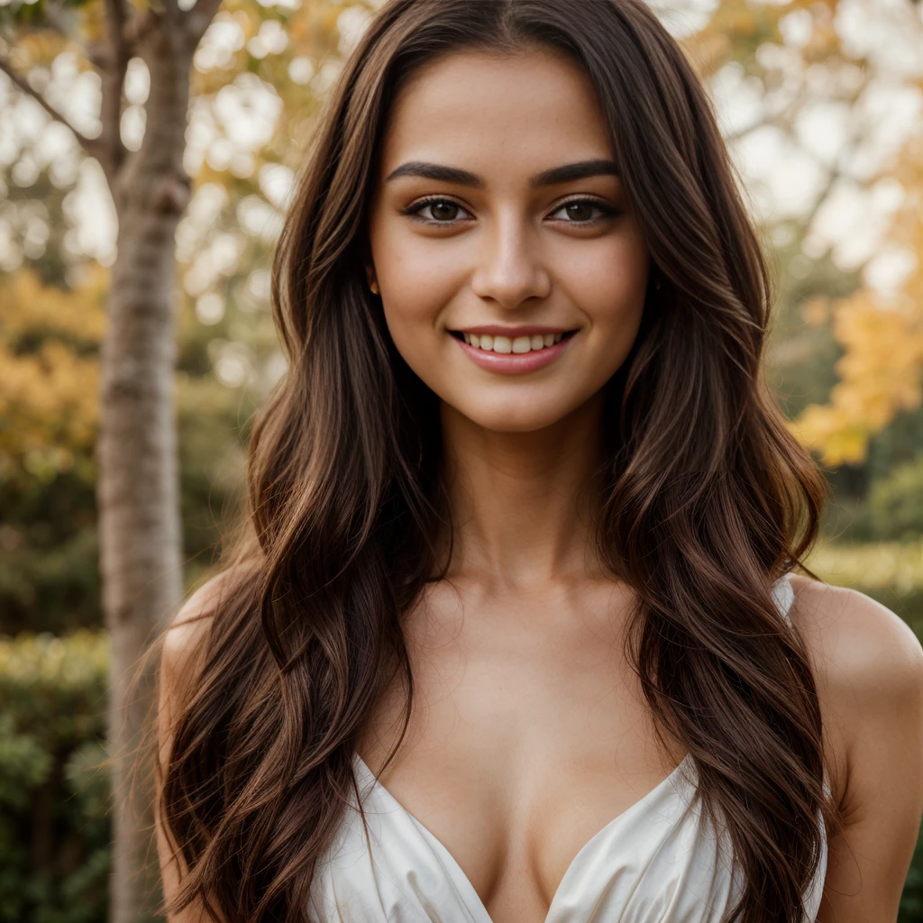 a beautiful detailed portrait of a young woman, detailed facial features, piercing eyes, lush lips, symmetrical face, delicate skin, long flowing black hair, full smile, elegant jewelry, soft lighting, intricate background, oil painting style, warm color tones, photorealistic, 4k, best quality, masterpiece.