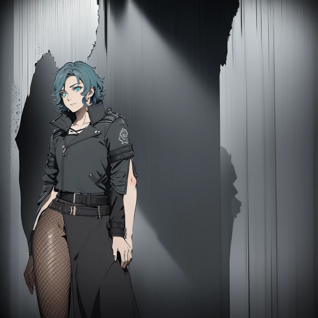 a age girl with tanned skin, short curly light blue hair, dark green eyes, a scar on her eye, wearing a leather jacket, intricate details, photorealistic, 8k, best quality, masterpiece, highly detailed, dynamic pose, dramatic lighting , cinematic atmosphere, moody color palette, anime textures