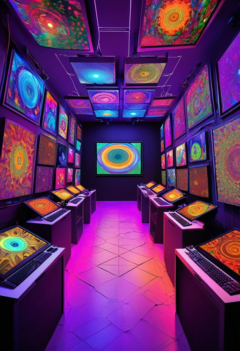 conceptual installation pop art, best quality, super fine, 16k, 2.5D, delicate and dynamic depiction, the walls are covered with monitor screens of various sizes, showing various things, including... Could that be...? dark horror fantasy, analyzer lab room, colorful, psychedelic, prism effect