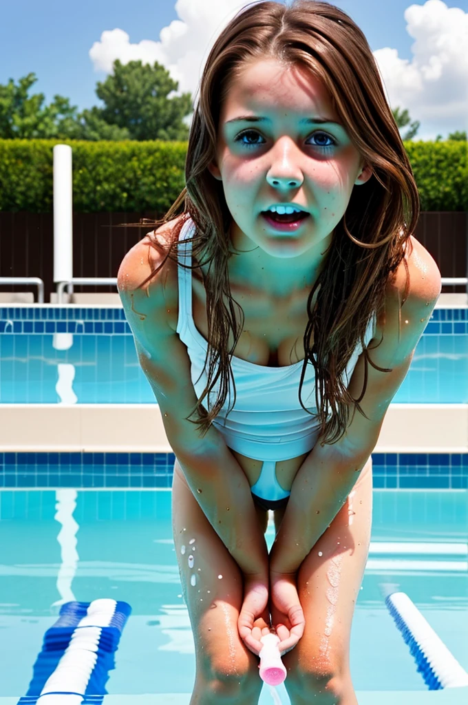 A beautiful girl with gorgeous brown hair is bursting to pee at the pool.