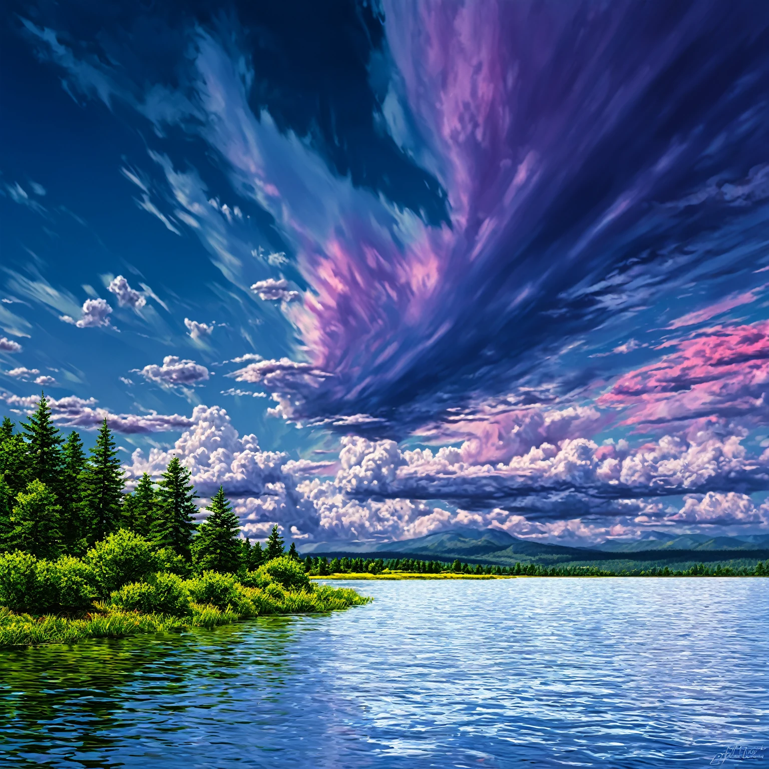 Summer sky (Painterly style), Realistic, highly Realistic, Attention to detail, breathtakingly Realistic, High contrast realism, High Saturation Realism, Vibrant colors, Dramatic lighting, Fascinating landscape, Persuasive storytelling, Atmospheric scene, Captivating visuals, Intricate details, Strong emotions, Heavenly Beauty, A dreamlike world