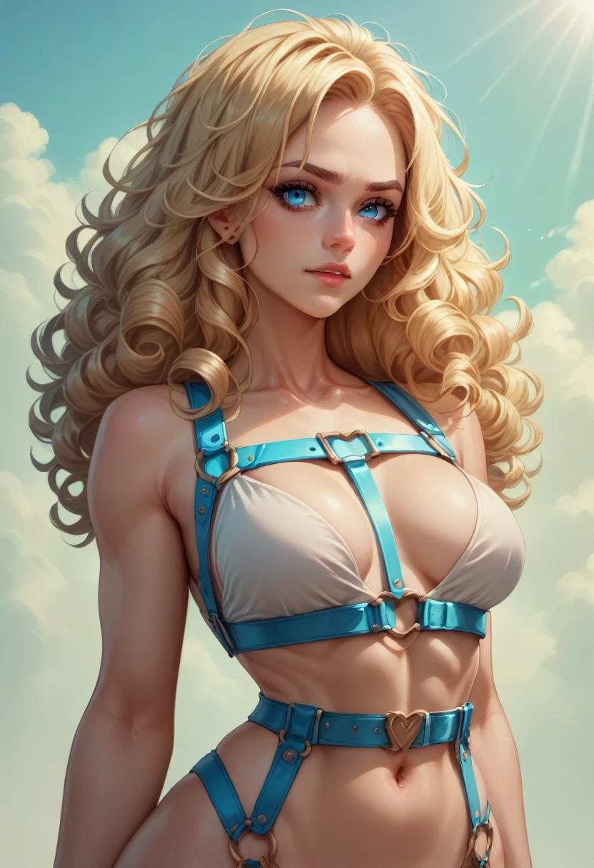 Woman with blonde curly hair, blue-eyed, wearing a harness of the Sun God