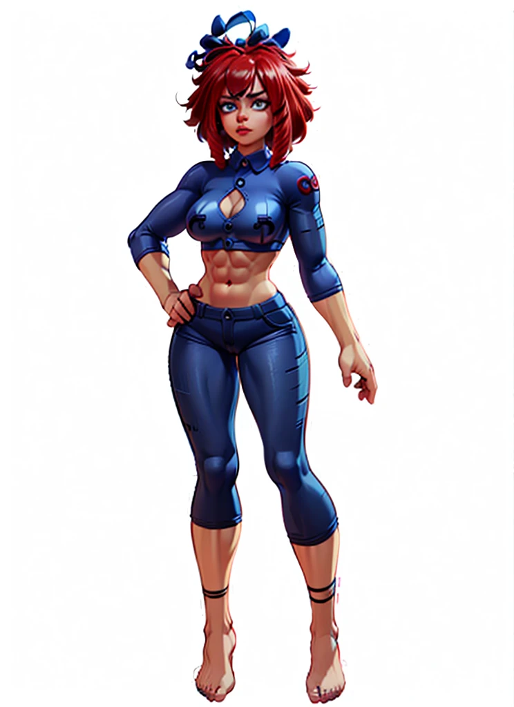 (My Hero Academia Style), (Simple background), ((1girl)), (((High resolution)))), ((solo)), (white backgrounid:1.3), (((A strong and confident girl))), ((((Ragatha)))), (((The Amazing Digital Circus))), (((is wearing boxing gloves black and flexing her biceps))), ((((she wears black sports bra and shorts)))), (((the biceps on her arms are flexed))), ((((Her lips are slightly parted)))), ((((wearing boxing gloves black)))), ((((flexing her biceps)))), (((hands on hips))), ((((perfect anatomy)))), ((((perfect hands)))), ((((perfect face)))), ((((super detailed)))), ((((photo of full body:1.5)))), ((((wide thighs)))), ((((toned thighs)))), ((((wide hips)))), ((((toned hips)))), ((((toned calves)))), ((((Marked muscles)))), ((((toned body)))), ((((Abs)))), ((((marked abdomen)))), ((((exposed abdomen)))), ((((Bare legs)))), ((((ragdoll skin)))), ((((ragdoll seams)))), ((((ragdoll body)))), ((((redhead curls))), (((curls))), (((redhead))), (((blue button right patch))), (((right button patch))), (((blue right patch))), ((((blue button patch))), (((patch))), ((blue button)), (((sexy posture))), (((medium breasts))), (((broad shoulders))), (((Amazon body))),