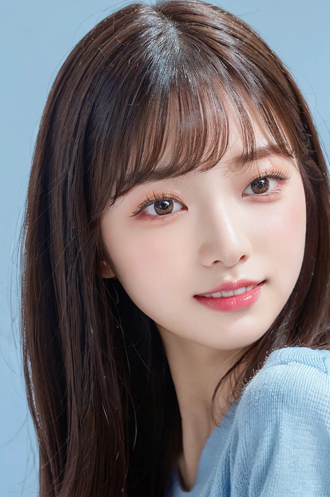 ((big laugh)), high-level image quality、20 year old Korean girl photo, raw, cute round face, ((Portrait)), (dull blue background:1.4), ((Detailed face:1.2)), ((A detailed face Characterized by fine skin), pale skin, , (cold color), moist, moist, reflector stay piece) (perfectly proportions)(photos realistic)(Best Quality) photographed in a Canon EOS R5, 50mm Lens,(8K), very long upper eyelashes、Very long lower eyelashes、Detailed lashes、Curled eyelashes、eyelash perm、Beautiful lashes, Glamorous makeup、Natural eyes、Oku Duplex、very beautiful eyelashes,