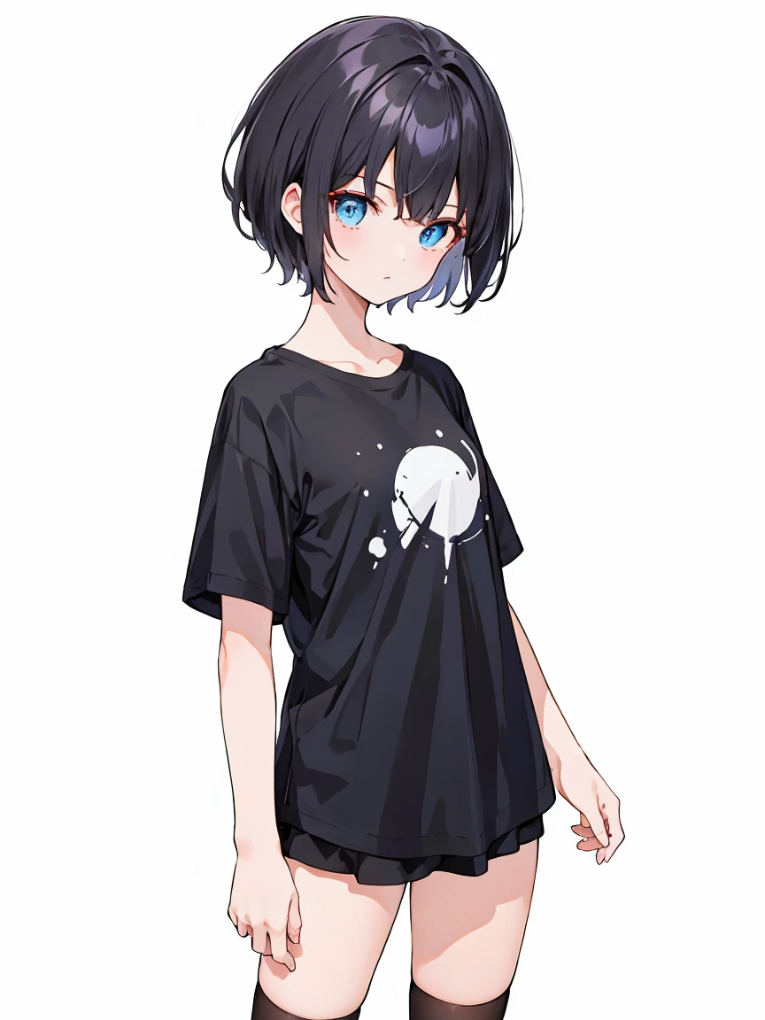 1girl, solo, blue eyes, (detailed eyes), flat chest, short hair, black hair, ((black t-shirt)), simple t-shirt, black skirt, black socks, standing, upper body, (white background), Transparent background, looking down, ((masterpiece, illustration, best quality)) 