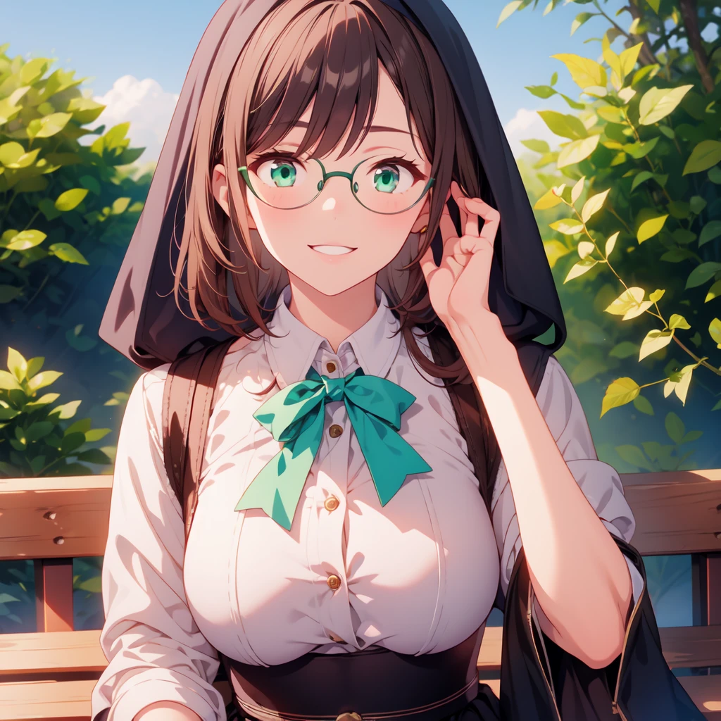 peace, sign, smile, Upper body portrait, anime, masterpiece, figure, Super detailed, girl, 24-year-old female, nun sit on the bench at public garden, bench, shy, Blushing, beautiful, beautiful face, beautiful eyes, Fine grain, beautiful lips, Green Eyes, Brown Hair, short hair, Volumetric Shadows, Volumetric lighting, Green ribbon in hair, Green bow tie, Green glasses, Black clothes, Tomboy, boyish, Face Focus, handcuffs, crowd, Long skirt