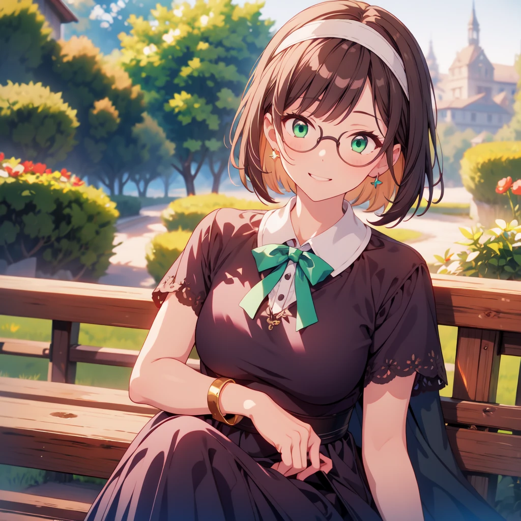 peace, sign, smile, Upper body portrait, anime, masterpiece, figure, Super detailed, girl, 24-year-old female, nun sit on the bench at public garden, bench, shy, Blushing, beautiful, beautiful face, beautiful eyes, Fine grain, beautiful lips, Green Eyes, Brown Hair, short hair, Volumetric Shadows, Volumetric lighting, Green ribbon in hair, Green bow tie, Green glasses, Black clothes, Tomboy, boyish, Face Focus, handcuffs, crowd, Long skirt