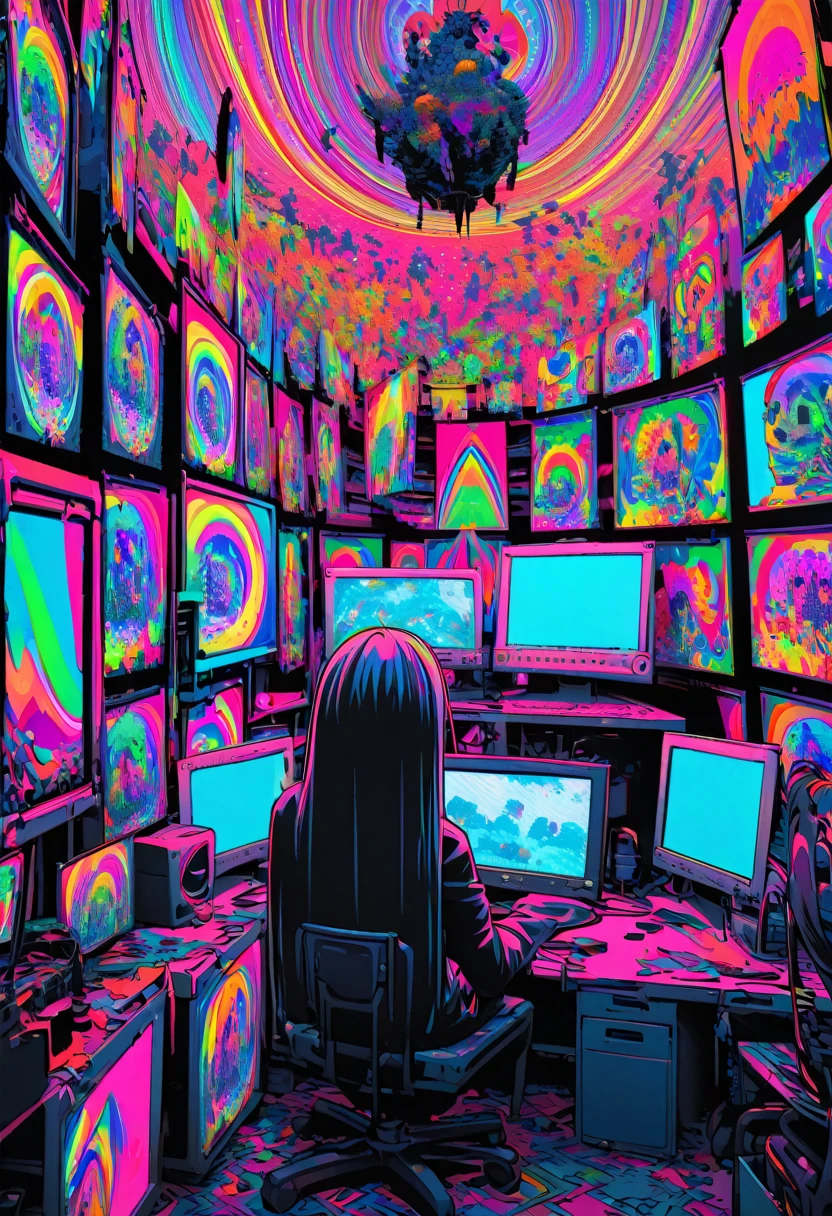conceptual installation pop art, best quality, super fine, 16k, 2.5D, delicate and dynamic depiction, the walls are covered with monitor screens of various sizes, showing various things, including... Could that be...? dark horror fantasy, analyzer lab room, colorful, psychedelic, prism effect