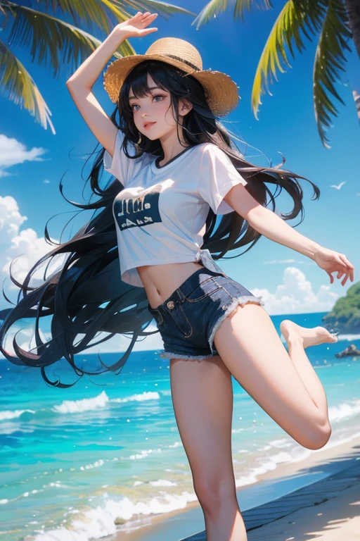 (Highest quality、masterpiece、High resolution、8K)、Vibrant colors、1 Female、Young and beautiful woman、Long black hair、barefoot、A woman in a white T-shirt and shorts jumps high、Surprised Smile、Official Art、The background is the sea、blue sky、Wide sandy beach、Wide forest、