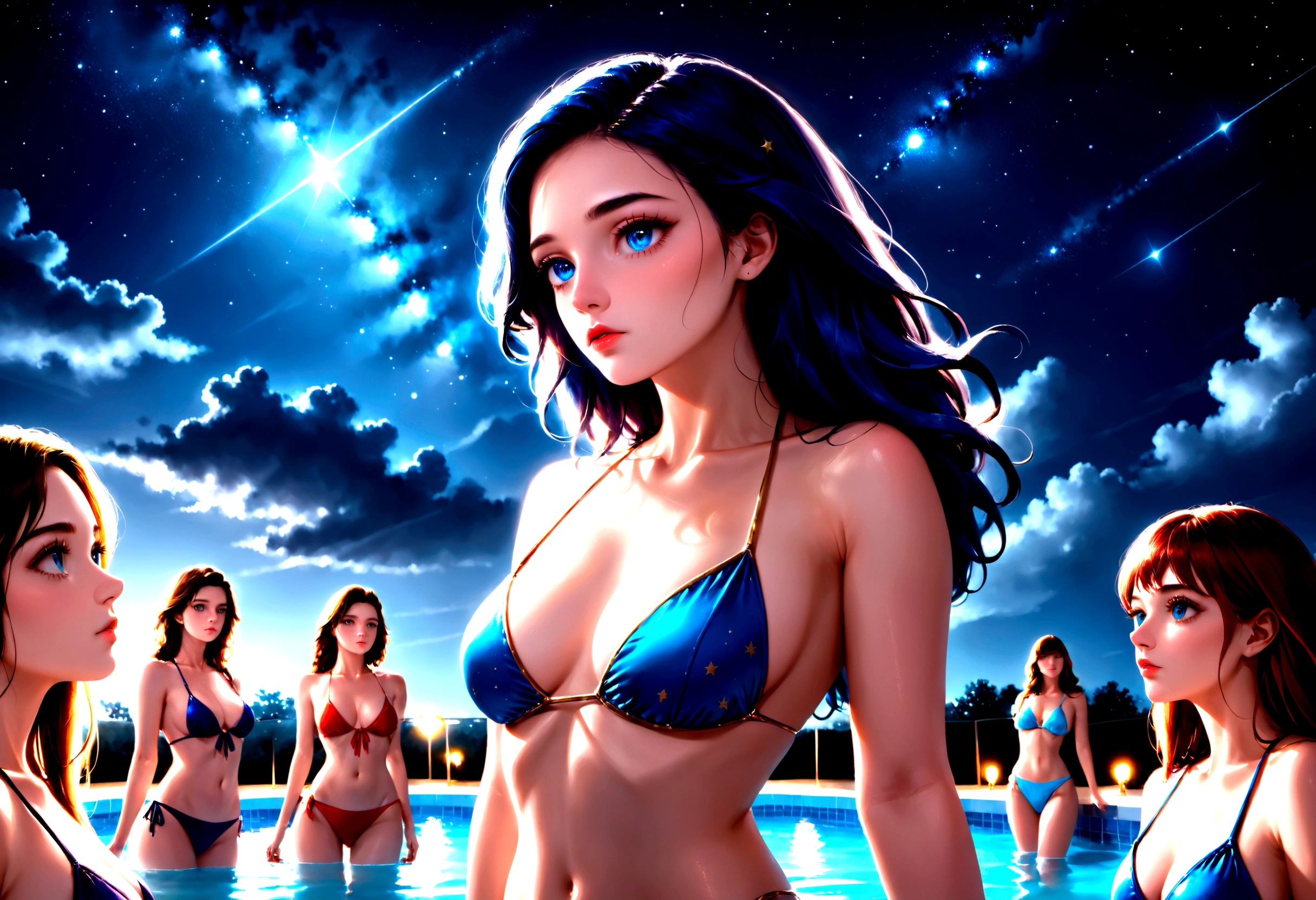 a group of people in swimsuits having a night pool party, looking up at a UFO in the starry sky, detailed realistic lighting, cinematic composition, photorealistic, dramatic mood, dark dramatic colors, moody blue tones, dramatic rim lighting, volumetric fog, stunning hyper-detailed starry night sky, highly detailed UFO, intricate details, 8k, masterpiece
