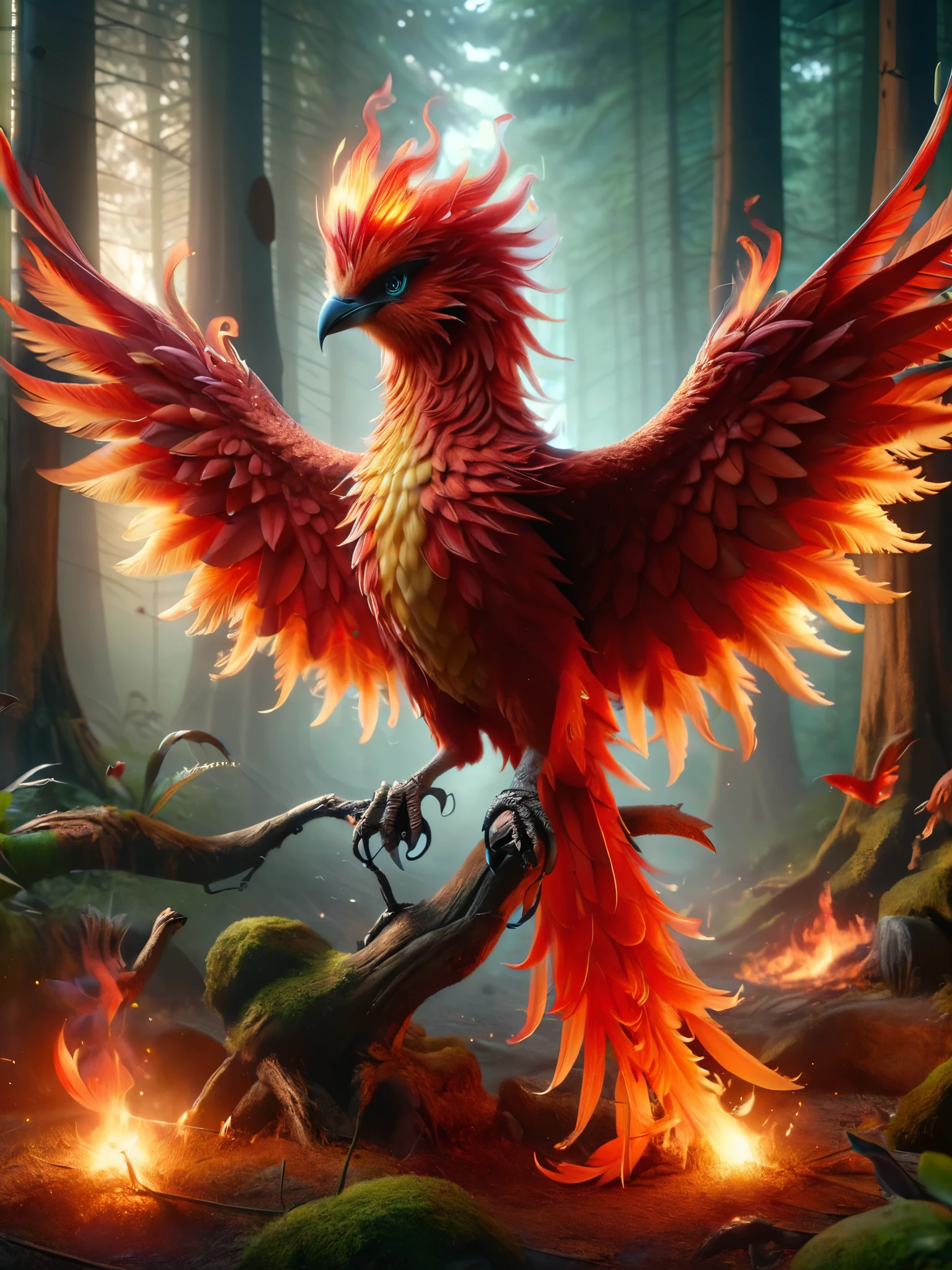 ral-mythcr, Fire Bird, mythical creature, a photorealistic image of a Firebird, a mythical creature, in a mystical forest setting, the Firebird is depicted with brilliant, fiery plumage in vibrant red color 