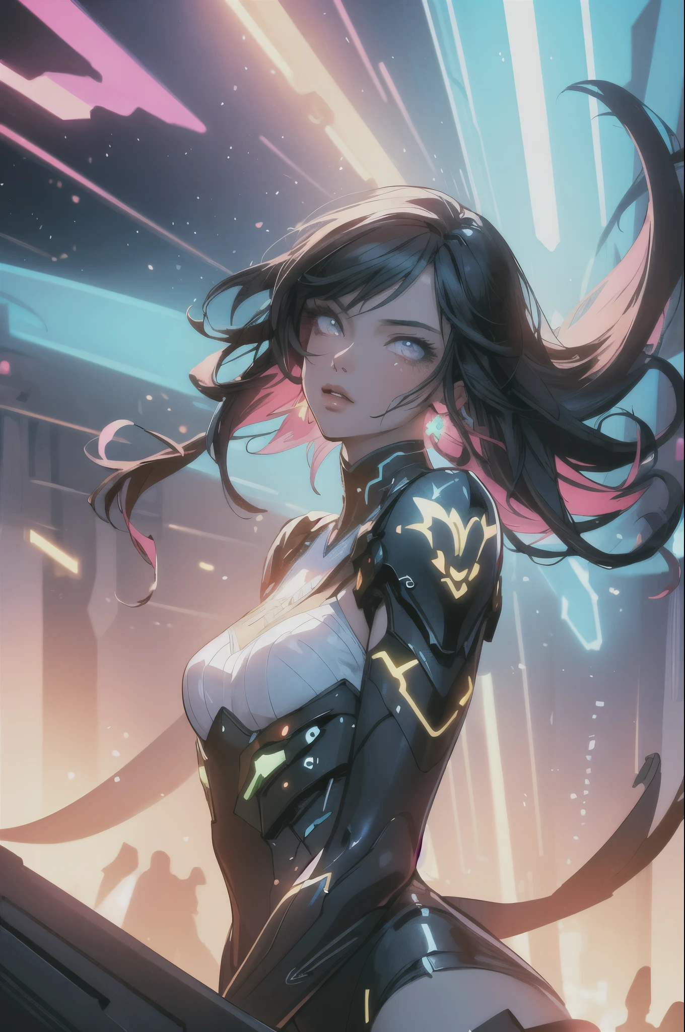 (masterpiece, best quality), 1lady, solo, masterpiece, artstation, dynamic, charming, magical, unreal engine, fantastically beautiful, illustration, dramatic lighting, rave background, neon glow, maximalist