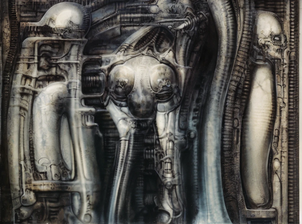 The image is a detailed view of H.R. Giger's biomechanical tableau \" Landscape XVI \" plate, featuring.
H r (Hans Rudie) giger's artwork depicts a robot with a humanoid shape, featuring a torso and two arms, standing against a backdrop of pipes and wires., tableau, big painting, masterpiece,HDR,UHD,uplight ,HRGigerArhP style,H.G. Giger Style, Biomechanics,lineart,
surrealistic painting of a monster with multiple tentacles and a body that looks like a brain, surrounded by a chaotic scene of swirling clouds and other monsters
It's a complex network of bones and organs in eldritch color scheme:a greenish-brown hue ,swirling gery and brown colors. The artwork is silverish and green brown, with an ivory bones prominently displayed. The image is highly detailed and intricate, almost like a 3d version of a medical sketchwork.
The piece is a tableau, most likely created with a India ink pen or pencil on paper, determined by the thin lines, shading techniques, and the texture of the paper, which is visible around the edges.
Used is pen, given the shading and variations in line weight visible in the image. Artist have used a variety of stylus with different degrees of hardness to achieve the shading effects.
The use of undersaturated green-grays dark contrasts creates a stark and graphic look. Is used a variety of linework techniques to create different textures. Fine, parallel lines create a smooth, metallic texture,while thicker, more cursive lines suggest cables or wires.
Light source from the top highlights skeletals, pper part of foreground, lower part of image is in shadowupper part of foreground, lower part of image is in shadow.
The art performance showcases the artist’s skills in observation and rendering. The level of detail in the piece suggests a close study of real bone specimens and mechanics. The artist has skillfully used shading techniques to create a convincing illusion of three-dimensionality on a flat surface. The wrinkles