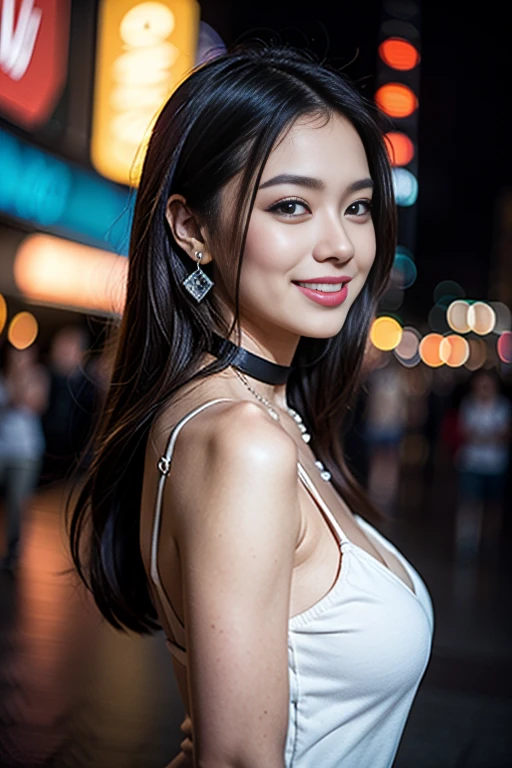 8K, masterpiece, RAW Photos, Highest quality, detailed:1.2),Realistic, Extremely detaileded CG unifies 8K, 8K, diamond, wallpaper, Written boundary depth, Cinematic Light, Lens flare, Ray Tracing, (Very beautiful face, Beautiful Lips, Beautiful Eyes), intricate detailed face, ((ultra detaileded skin)) One Girl, Deep Shadow, Cute Korean Girl, K-POPアイドル,(Very slim and slender muscular body:1.3), ((Viewer Display)),(Big smile), (Bodycon mini dress), (White Dress), (Injection Sleeve) , Background city night, (Neon Signs), Cute Korean Girl, Earrings, Bangles, necklace, pantyhose, Clear Eyes, walk , (Pale skin), look forward to, (Big eyes), ((Upper Body Shot)), Bodycon mini dress, Silk mini dress , Synthwave Color Dress, Black Choker, Turn back, Side Shot, slim, Healthy Thighs, Thigh Gap