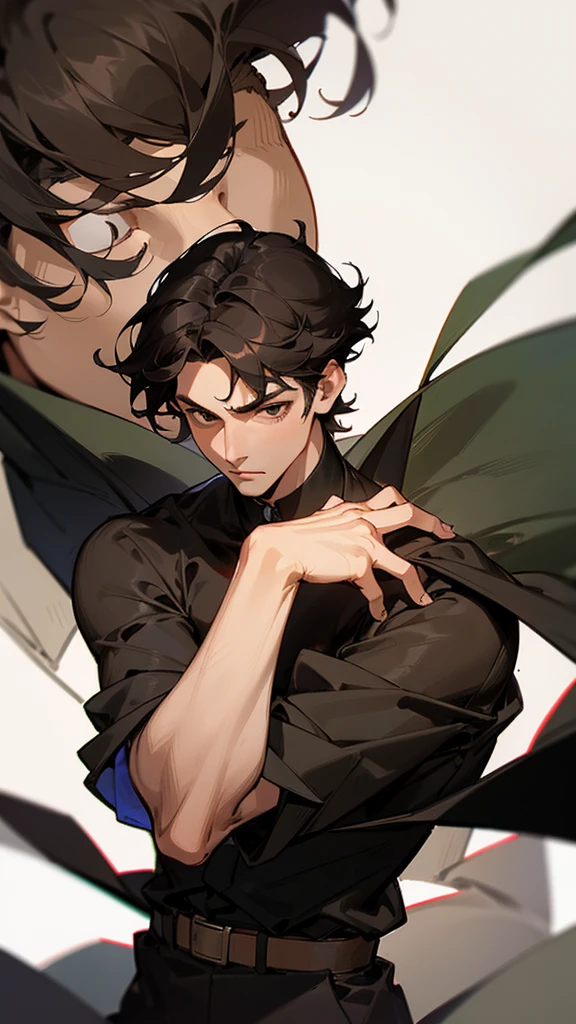 masculine man, Cao Cao , hairless, Unclothed, showing the dick, bonitas, big dick, muscular , with full black suit and open black overcoat , short black hair slicked back and black eyes , black belt and black gloves ,苗条 , little black beard ,24 years old