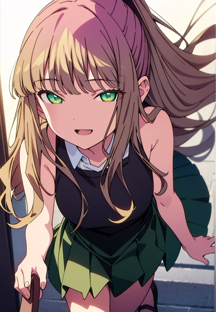 minami yume ,sss Dynazenon ,Long Hair, Brown Hair, (Green Eyes:1.5) ,Center of chest,hair band,ponytail,happy smile, smile, Open your mouth, Blue sleeveless dress,Long skirt,Cute heeled sandals,whole bodyがイラストに入るように,Daytime,Clear skies,Walking,
break looking at viewer, whole body,(Cowboy Shot:1. 5)
break outdoors, Building district,
break (masterpiece:1.2), Highest quality, High resolution, unity 8k wallpaper, (shape:0.8), (Beautiful and beautiful eyes:1.6), Highly detailed face, Perfect lighting, Highly detailed CG, (Perfect hands, Perfect Anatomy),