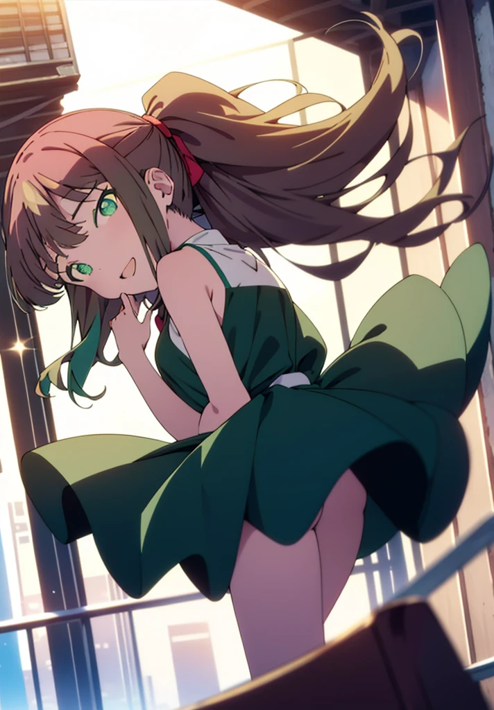 minami yume ,sss Dynazenon ,Long Hair, Brown Hair, (Green Eyes:1.5) ,Center of chest,hair band,ponytail,happy smile, smile, Open your mouth, Blue sleeveless dress,Long skirt,Cute heeled sandals,whole bodyがイラストに入るように,Daytime,Clear skies,Walking,
break looking at viewer, whole body,(Cowboy Shot:1. 5)
break outdoors, Building district,
break (masterpiece:1.2), Highest quality, High resolution, unity 8k wallpaper, (shape:0.8), (Beautiful and beautiful eyes:1.6), Highly detailed face, Perfect lighting, Highly detailed CG, (Perfect hands, Perfect Anatomy),