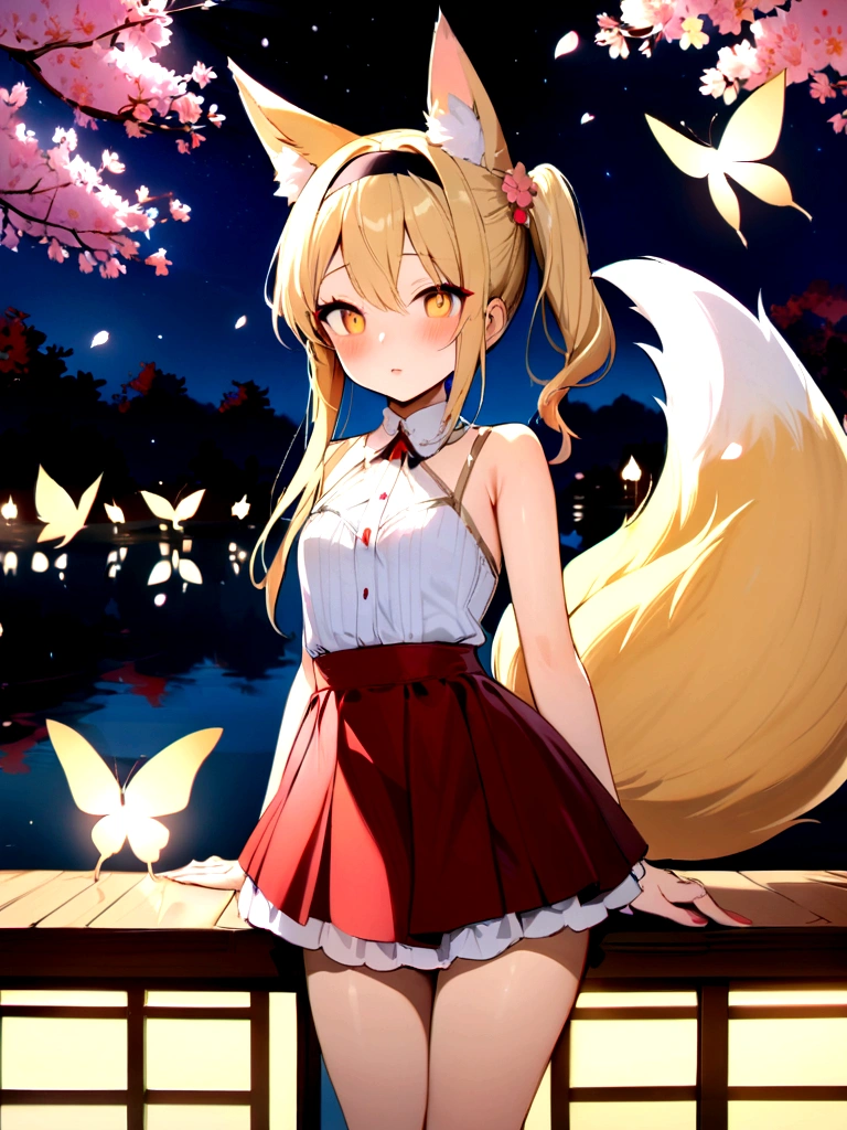 (masterpiece, best quality) junior,detailed, (beautiful,small breasts), blonde,long hair, side ponytail(tied to the left),Hair band decoration with gold butterfly, elegant, (fox ears),nine tailed fox tail, red eyeshadow, golden eyes, femur,white shirt,free,red skirt,cherry blossom tree lake background,lake illuminated by moonlight,girl,NIGHT,Yandere expression,BLOOD