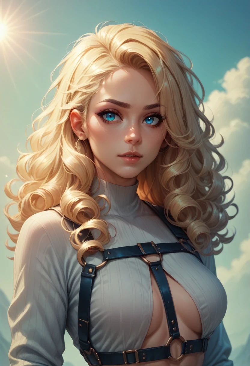 Woman with blonde curly hair, blue-eyed, wearing a harness of the Sun God[