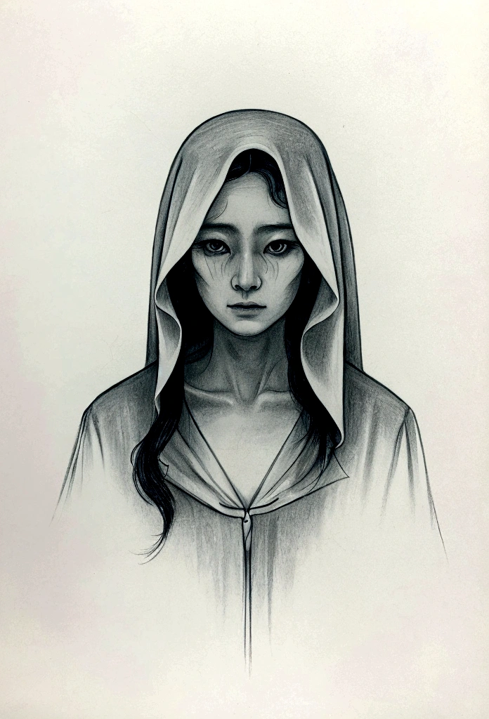 Draw a ghost in her 70s in Korea like a horror movie scene