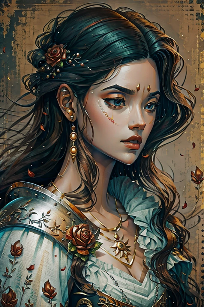 50-year-old woman in the 17 century Female battle scared warrior leader of the order of the scarlet rose, guilty conscious expression, determined facial expression. Black hair. Female.