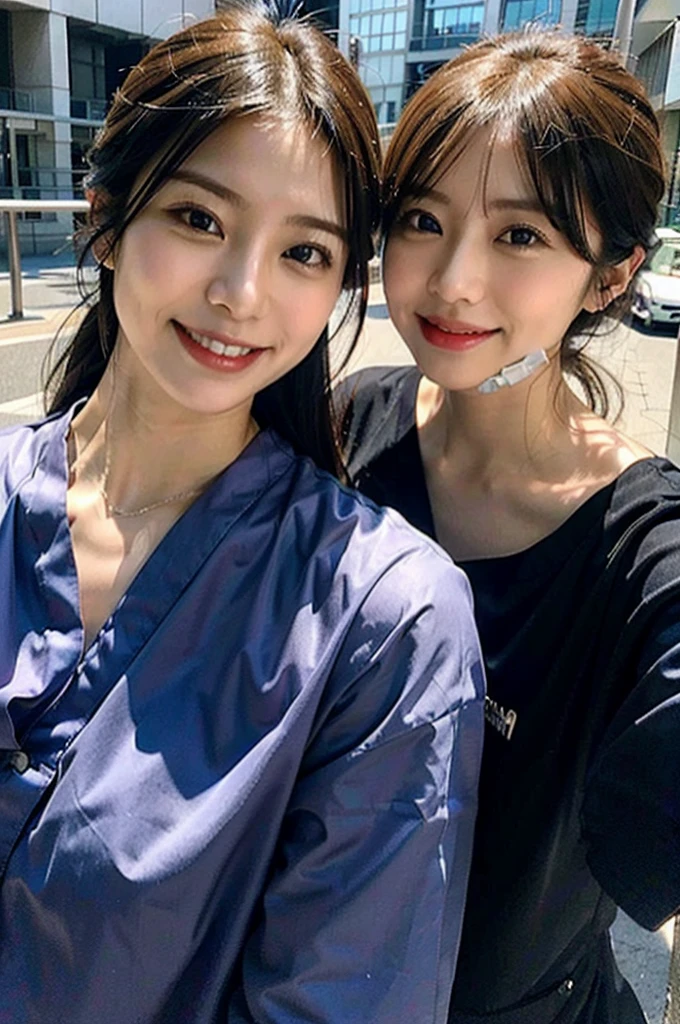 Male dentist and female dental hygienist 2people A good business partner 日本people Handsome Men and Beautiful Women Wearing black scrubs Upper body close-up high resolution high resolution Highest quality smile Shooting outside