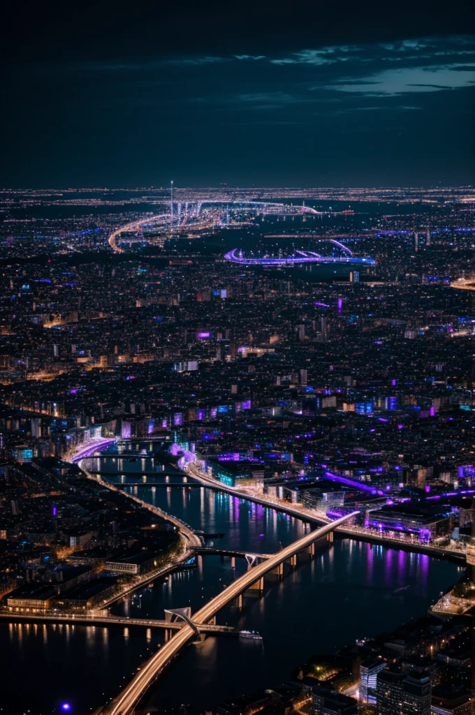 a city at night ((detailed)) with purple and blue tones