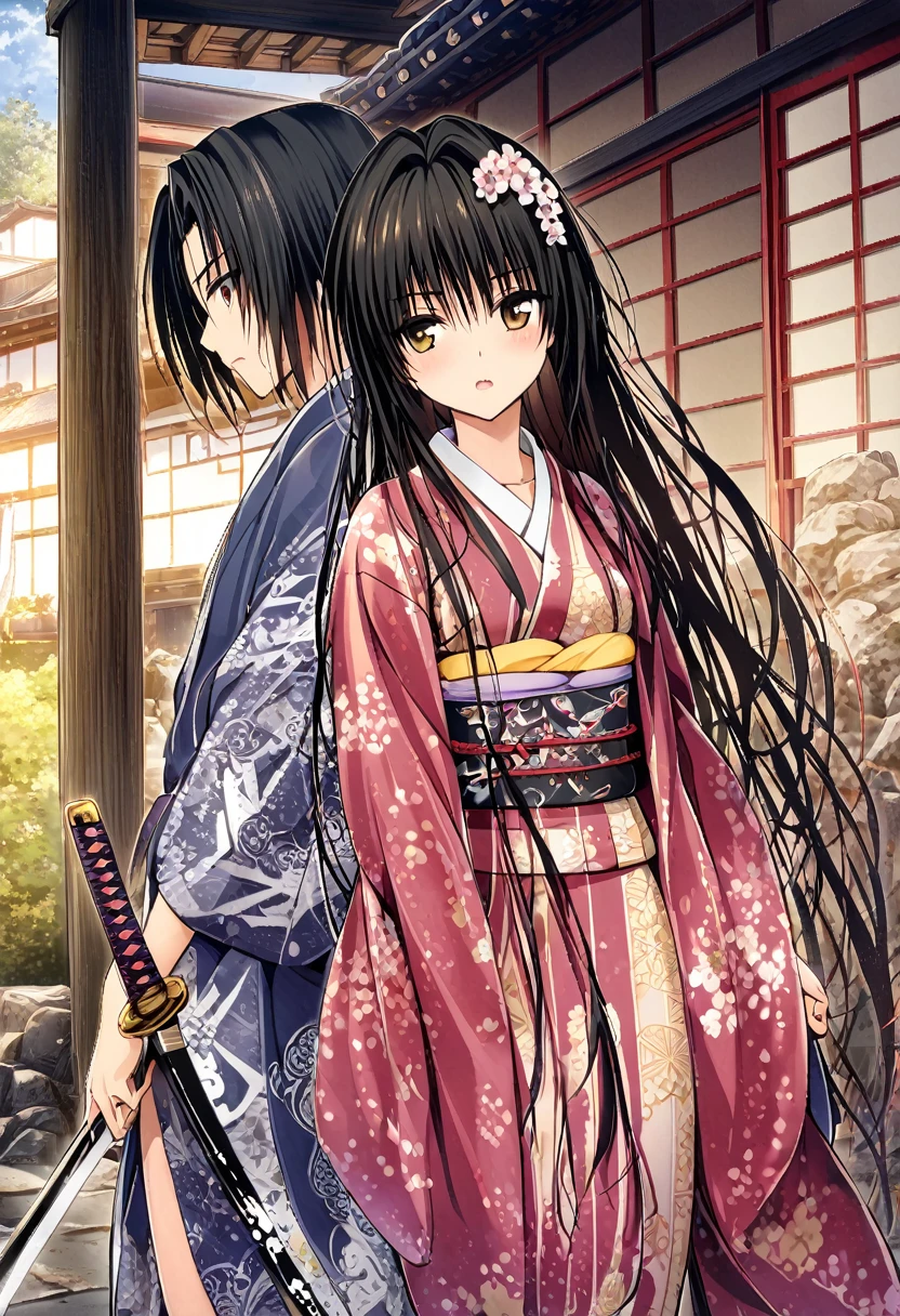 One girl, kujo rin, to love-ru,perfect body,black Hair, long Hair, brown eyes,
break,Design a scene from a historical Japanese drama, with samurai, traditional architecture, and Edo-period clothing,wearing a kimono with intricate designs,holding a sheathed katana at his side
