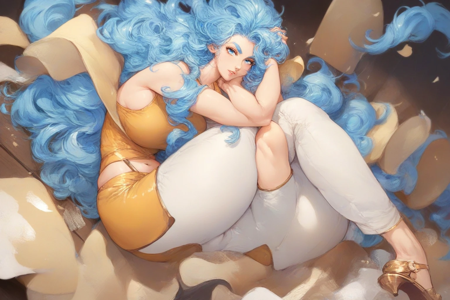 Woman sitting on the floor with her hands on her head, portraite, a one woman, very voluminous blue hair, very long hair, very wavy hair length to the waist, blue colored eyes, tthin eyebrows, with a sensual and confident look, wearing tight yellow sleeveless top with thin straps, belly showing, wearing white linen pants, closed toe shoe with low heel.