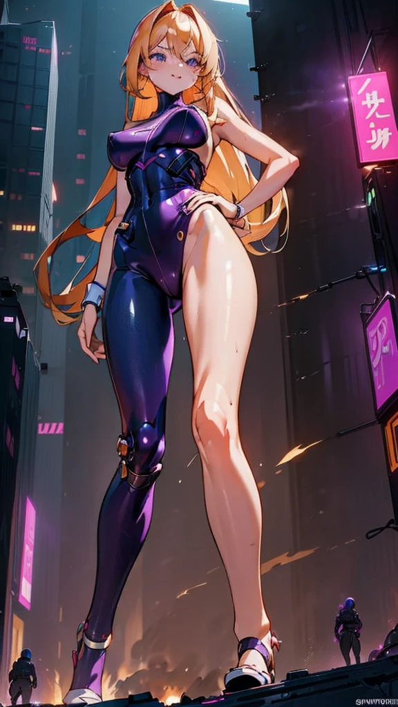 A fierce giantess in a tight purple bodysuit, with long blonde hair and piercing violet eyes, stands triumphantly in a neon-lit cyberpunk city. Her powerful legs crush advanced vehicles and buildings as she stomps through the streets, her hands on her hips. Tiny humans scurry around her feet, trying to escape. Her voice is filled with mocking laughter, her body exuding dominance and raw sensuality. Giantess, Goddess, sexy legs, bodysuit, hot, curvy body, mommy issues, tiny people, macrophilia, perspective from below, high quality, almost naked, mature woman, cyberpunk city, erotic.