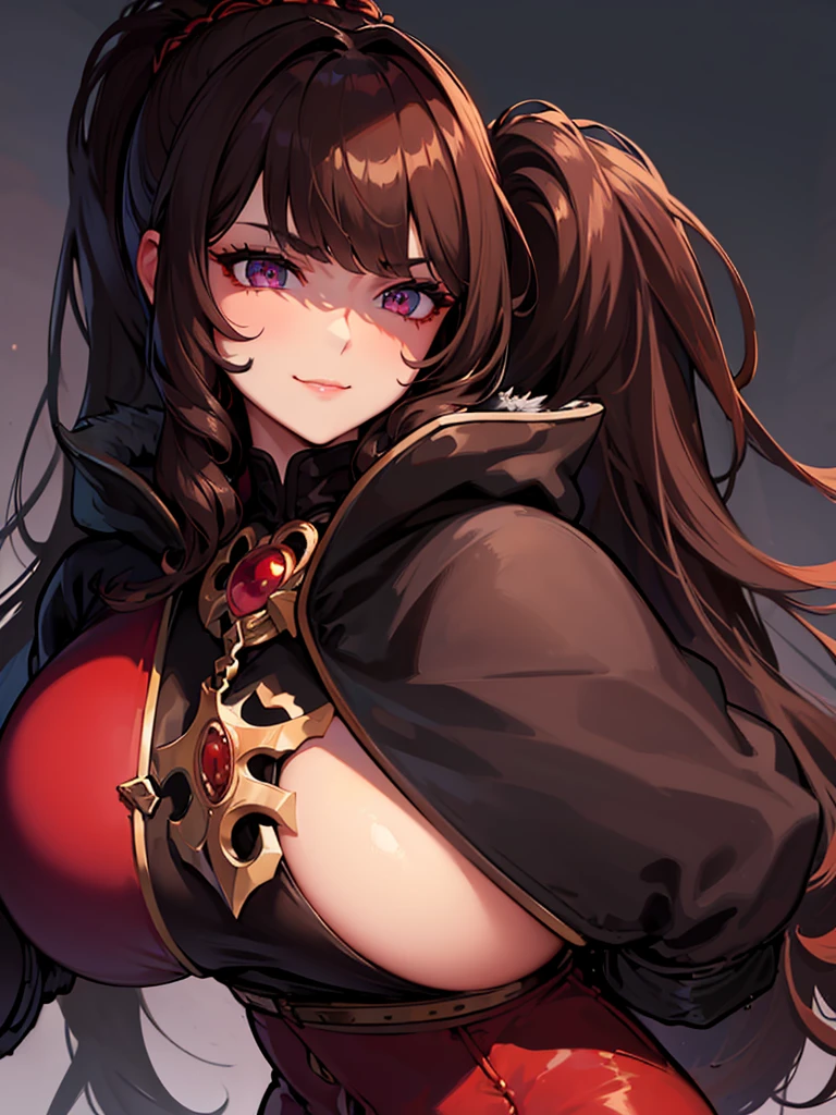 ((masterpiece)), ((best quality)), 1girl, adult, long hair, big bust, ((brown hair)), ((intimidant look)), ((close-up)), profile image, black and red clothes, sexy, dark colors, ((coat with fur)), ((wavy hair)), exposed skin, ((sexy pose)), good anatomy, ((dark sage clothes)), ((straight cut bangs)), emotionless, intimidant, ((beautiful eyes)), dark background, close up, ((detailed eyes)), ((detailed face)), hair bang, frontal look, relaxed, smile, queen, ponytail, violet eyes