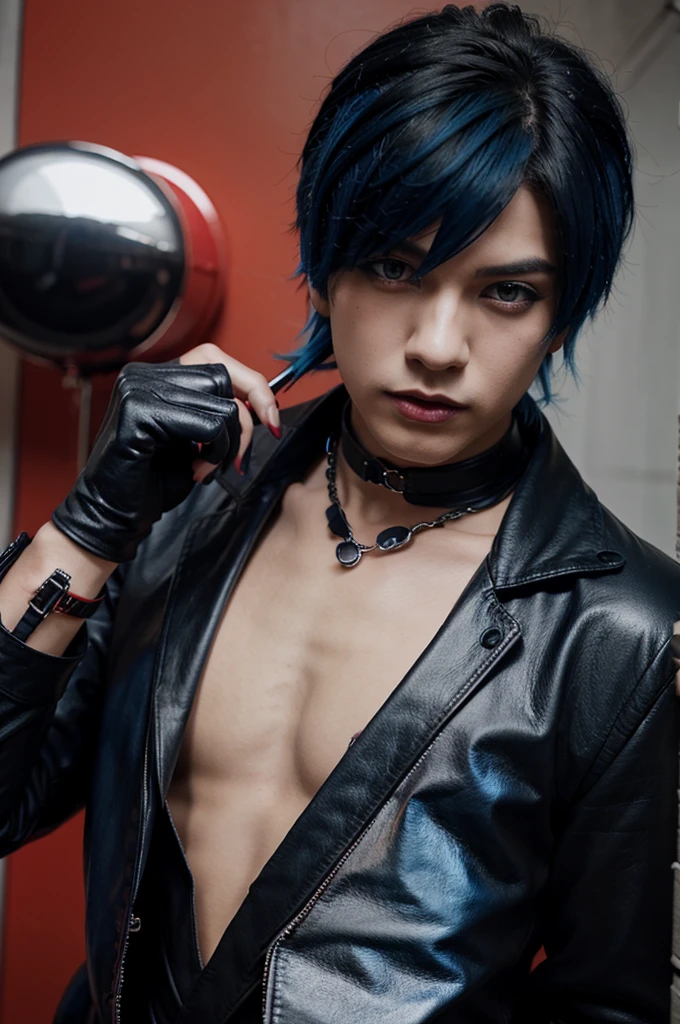 Visual kei boy, blue hair, lipstick, red t-shirt, black necklass, black gloves, black leather touser