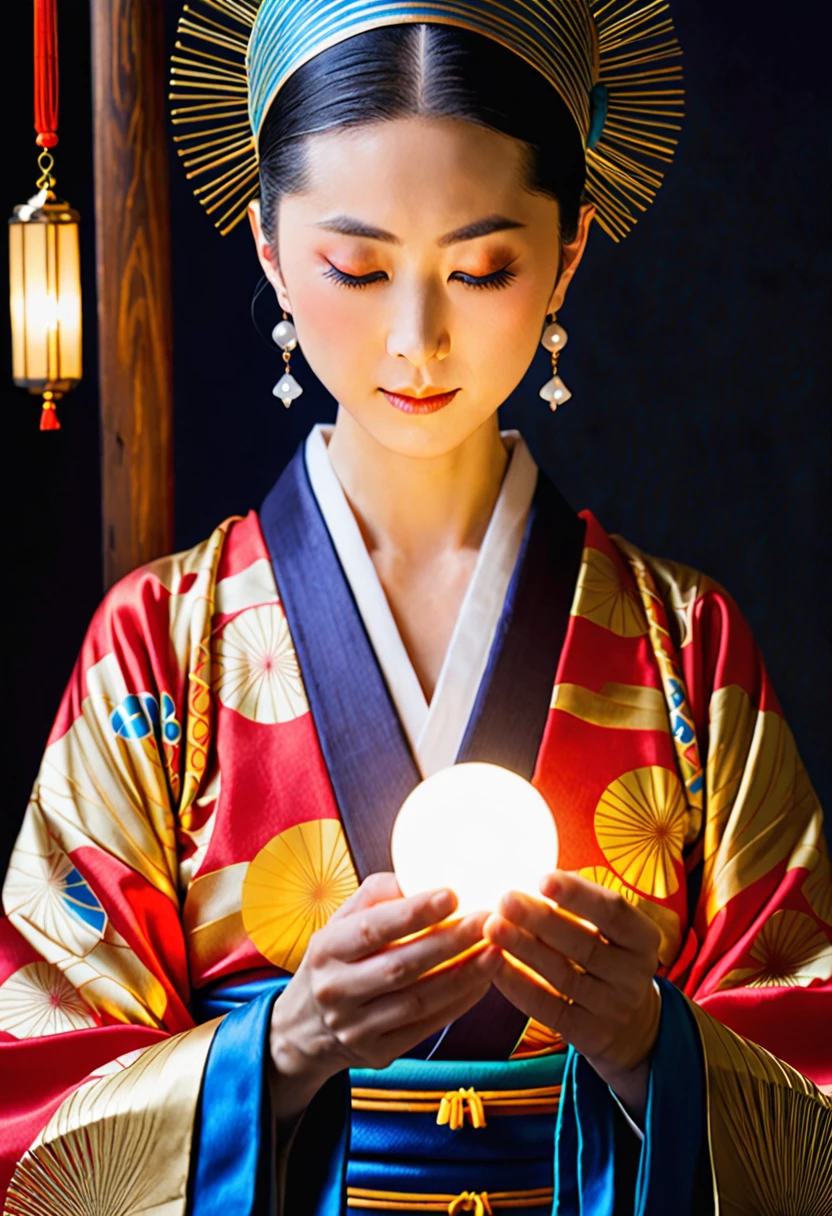 Japan fortune teller、Realistic、woman、flashy、No hair accessories、30th Generation、A little close-up、No text、Praying