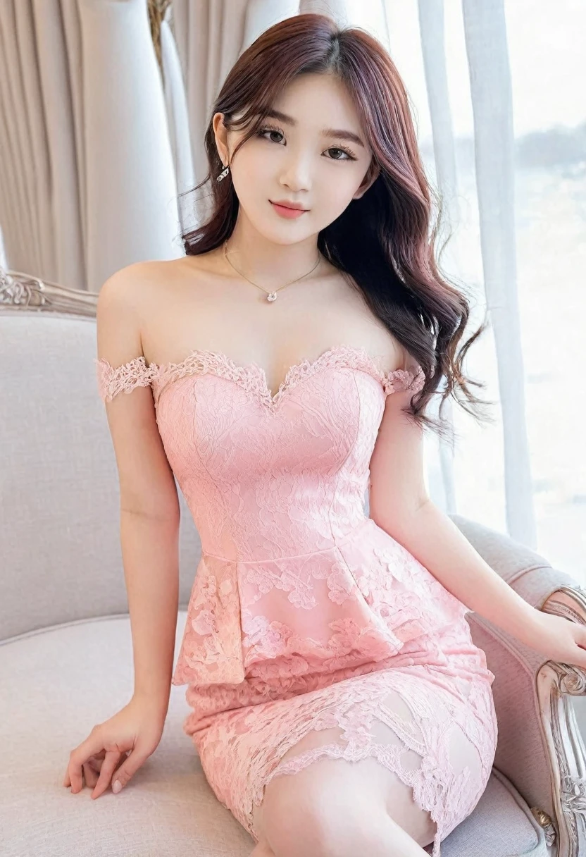 ((high quality:1.2)), work of art, (8k), extremely detailed, ((High detail:1.2)), ((best resolution:1.4)), Solo, 1girl, 24 years old Korean Ulzzang female, ((short, tight strapless pink lace dress)),