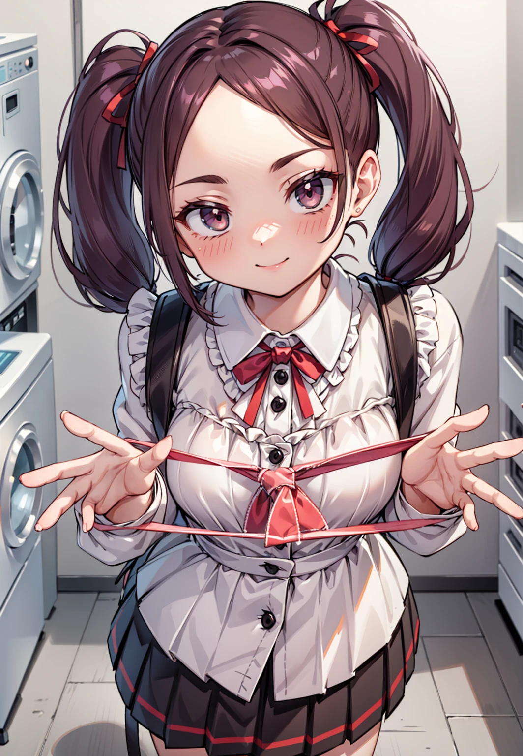 One Girl,
Laundry room,washing machine, Laundry basket, a few underwears are in a , {{{Half Twin Tail:1.3}}}、BREAK,blush, bow, Red Bow, Long sleeve, shirt, Collared shirt, Pleated skirt, Small breasts,
{{{Face close-up}}},Upper Body,,Check out the lace panties,High quality underwear,
Looking down,View your audience,
Lace panties as a gift,
Tabletop, Highest quality, , absurdes, Perfect Skin, Detailed skin texture, Super detailed, 8K, Intricate details, Beautifully detailed face,High resolution,
{{{Shadowed face}}}, mock, smile, Looking down at the viewer, masterpiece,absurdes, Beautiful detailed face seen from the front,