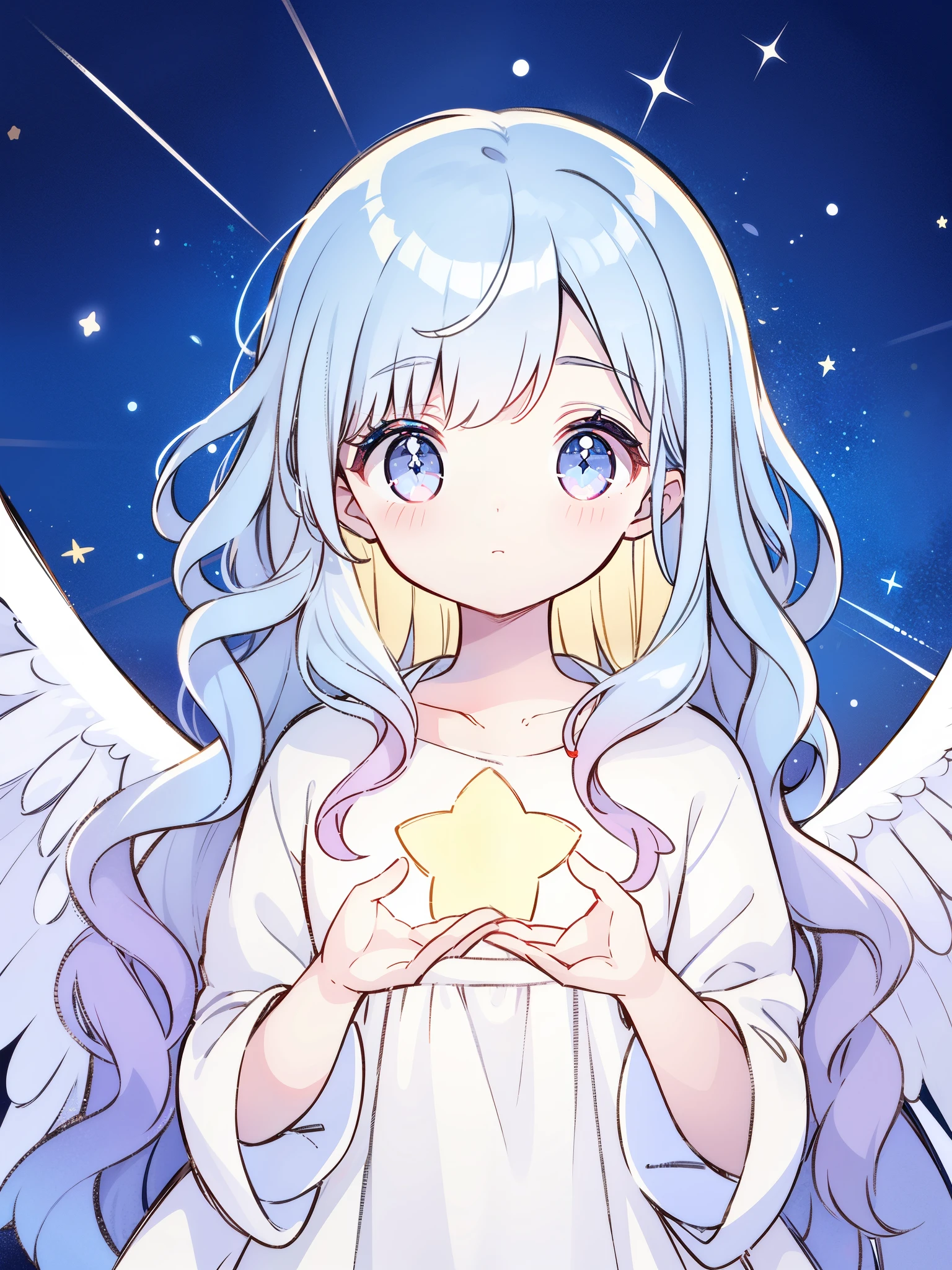 angel girl wearing an ethereal white dress made of feathers, pale skin, ((blue gradient wavy hair)), white feathers, angel wings, sparkling detailed eyes, golden ratio face, perfect composition, highly detailed, ethereal, (starry night sky background), midjourney style