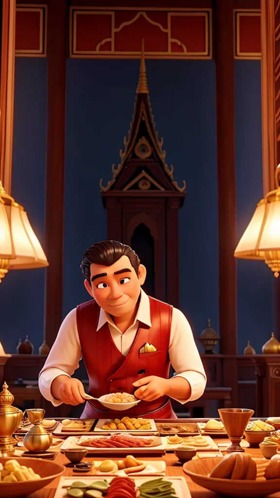 The grand palace and the rich man preparing for dinner.